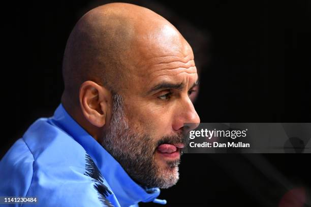 Josep Guardiola, Manager of Manchester City attends a Manchester City press conference ahead of their UEFA Champions League quarter-final match...