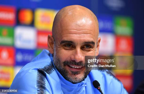 Josep Guardiola, Manager of Manchester City attends a Manchester City press conference ahead of their UEFA Champions League quarter-final match...