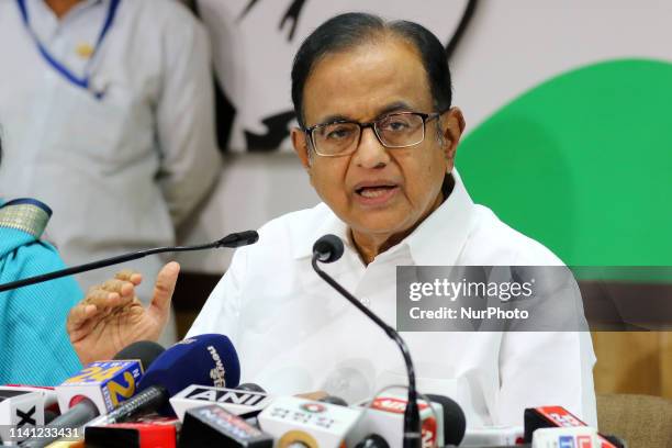 Congress Senior Leader P. Chidambaram addressing the media person during the press conference at PCC office ahead the Lok Sabha Polls in Jaipur,...