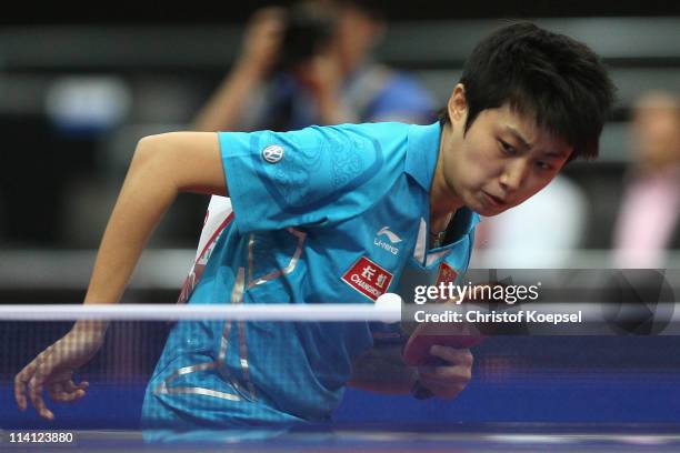 Guo Yue of China serves during the Round of 16 Women's Single match between Wu Jiaduo of Germany and Guo Yue of China during the World Table Tennis...