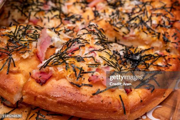 asian, japanese style pizza bread, with seaweed, hotdog and cheese - pizza crispy stock-fotos und bilder