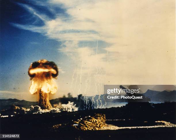 View of the fireball that resulted from the detonation of nuclear artillery shell, codenamed 'Grable,' and fired by a 280mm M65 atomic cannon at the...