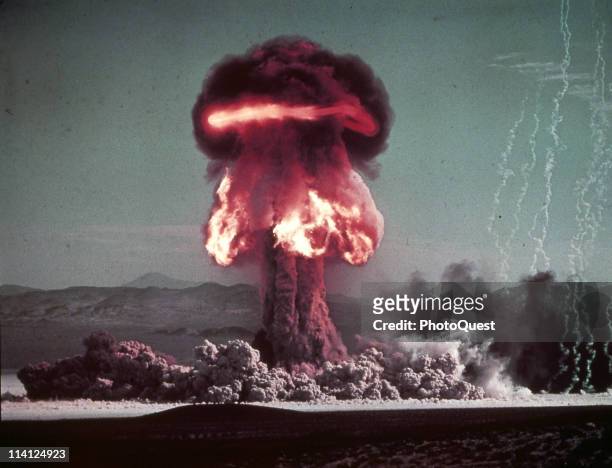 View of the fireball that resulted from the detonation of nuclear artillery shell, codenamed 'Grable,' at the Nevada Proving Grounds , Nevada, May...