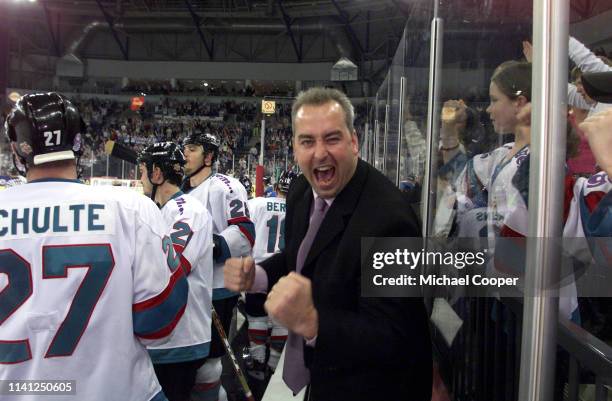 Belfast Giants Coach, Dave Whistle celebrates after the final whistle after beating the Manchester Storm 2-1during the 2001-2002 British Ice Hockey...