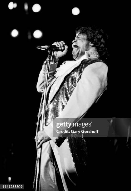 American Soul and R&B singer James Brown performs onstage at the Paramount Theatre, New York, New York, February 28, 1992.