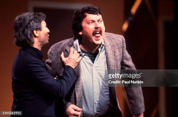 Canadian comedian David Steinberg and American comedian Mike Hagerty perform onstage during the Second City 25th Anniversary performance at the Vic...