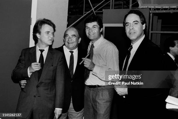 Portrait of, from left, Dave Thomas, Ed Asner, Fred Willard, and Robert Klein as they pose together backstage during the Second City 25th Anniversary...