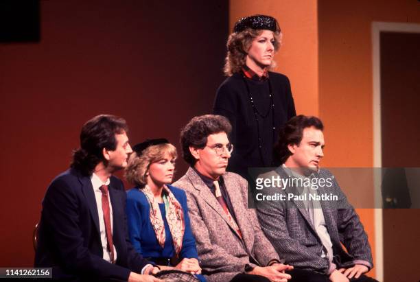 View of comedians, seated from left, Joe Flahrety, Debra McGrath, Harold Ramis , and Jim Belushi, with Betty Thomas , during performance at the Vic...