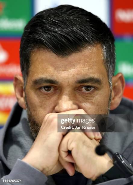 Sergio Conceicao manager of FC Porto reacts during the FC Porto Press Conference ahead of there UEFA Champions League Quarter Final First Leg against...