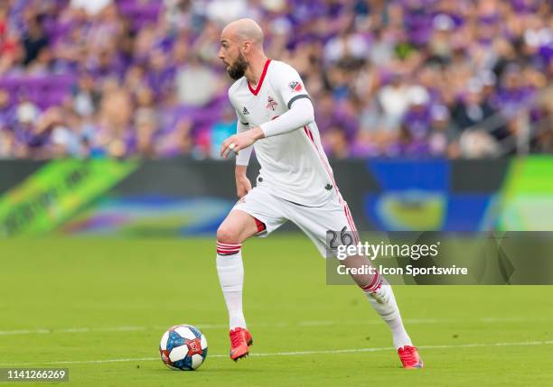 Toronto FC defender Laurent Ciman looking to pass the ball during the MLS soccer match between the Orlando City SC and Toronto FC on May 4 at Orlando...