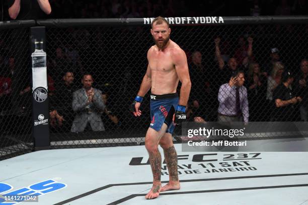 Donald Cerrone reacts after the conclusion of his lightweight bout against Al Iaquinta during the UFC Fight Night event at Canadian Tire Centre on...