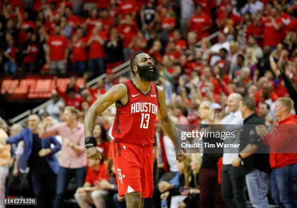 James Harden of the Houston Rockets reacts after Game Three of the Second Round of the 2019 NBA Western Conference Playoffs against the Golden State...