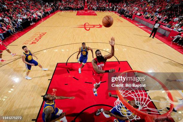 James Harden of the Houston Rockets shoots the ball during the game against the Golden State Warriors during Game Three of the Western Conference...