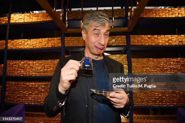 Maurizio Cattelan attends Golden Lunch by Davide Oldani on April 08, 2019 in Milan, Italy.
