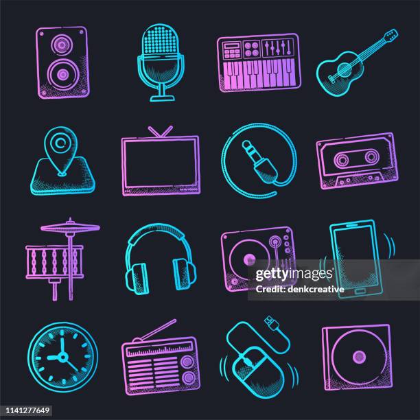 music fame & influence neon doodle style vector icon set - concert for hope show stock illustrations