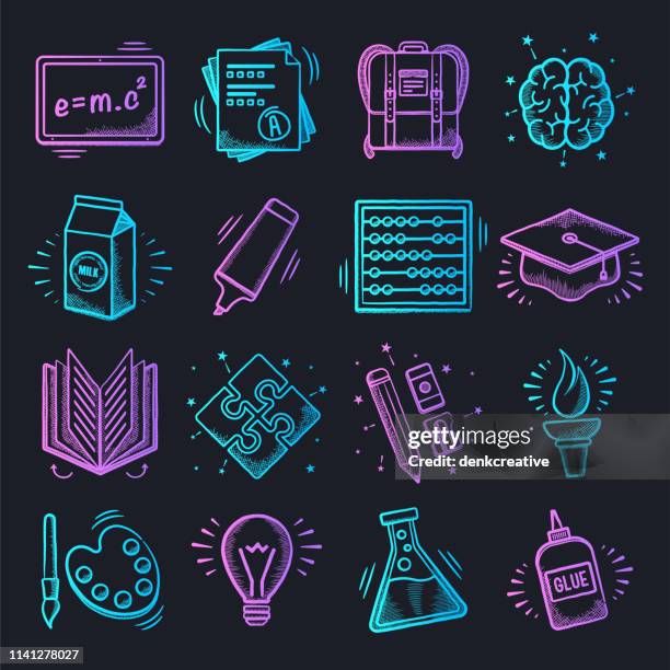 illustrazioni stock, clip art, cartoni animati e icone di tendenza di set di icone vettoriali stile doodle al neon school training & practice - neon light icon