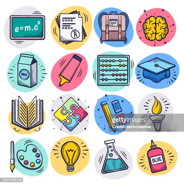 illustrations, cliparts, dessins animés et icônes de enseigner et apprendre en ligne liquide doodle style vector icon set - back to school kids