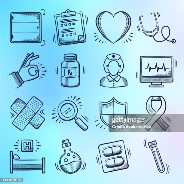 research, education & care doodle style vector icon set - iridescent stock illustrations