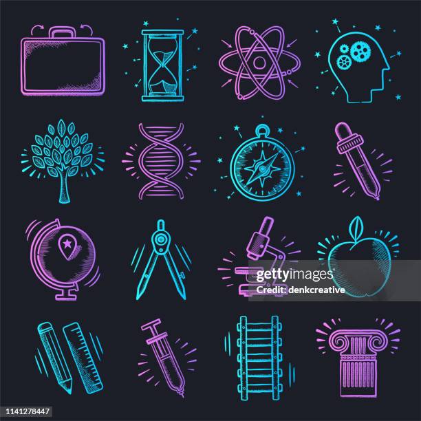 illustrazioni stock, clip art, cartoni animati e icone di tendenza di science laboratory learning neon doodle style vector icon set - neon light icon