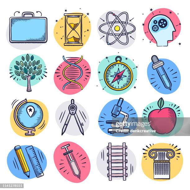 stockillustraties, clipart, cartoons en iconen met onderzoek wetenschap onderwijs vloeibare doodle stijl vector icon set - nieuwsgierigheid