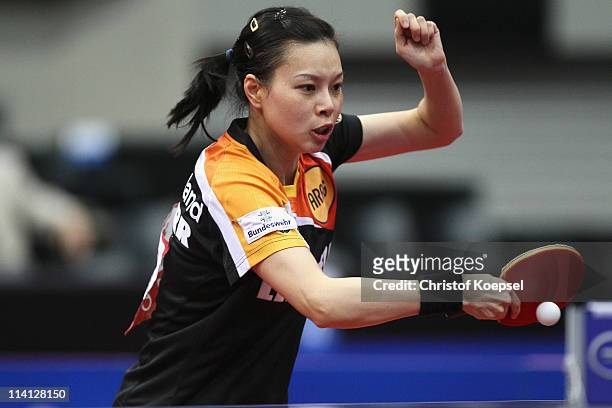 Wu Jiaduo of Germany plays a backhand during the Round of 16 Women's Single match between Wu Jiaduo of Germany and Guo Yue of China during the World...