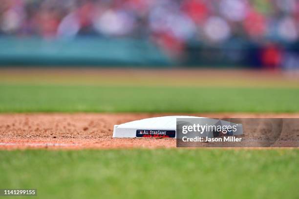 The Major League Baseball All Star Game logo on the side of first base during the fifth inning of the game between the Cleveland Indians and the...