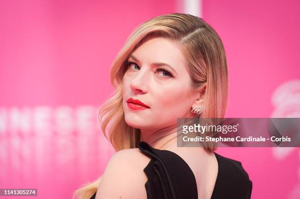 Canadian actress Katheryn Winnick, jury member of the Cannes Series, poses on the pink carpet during the 2nd Canneseries - International Series...