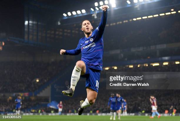 Eden Hazard of Chelsea celebrates after scoring his team's second goal during the Premier League match between Chelsea FC and West Ham United at...