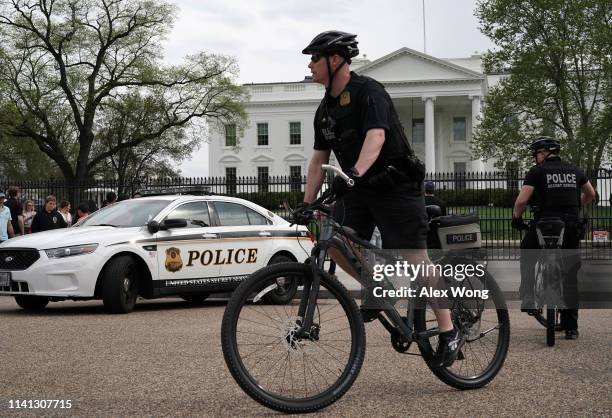Members of the U.S. Secret Service Uniformed Division patrol on bicycles outside the White House on April 08, 2019 in Washington, DC. Today it was...