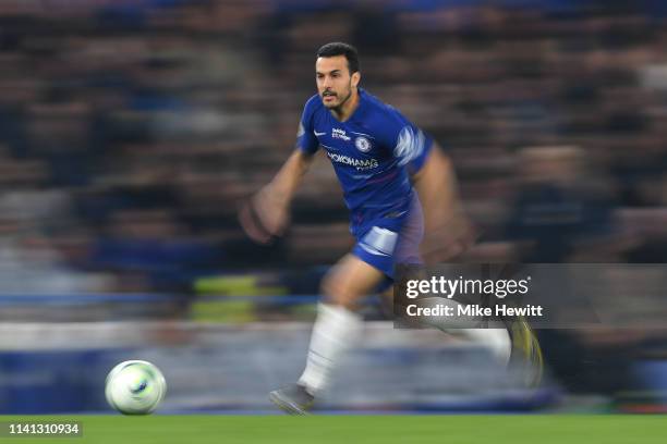 Pedro of Chelsea in action during the Premier League match between Chelsea FC and West Ham United at Stamford Bridge on April 08, 2019 in London,...