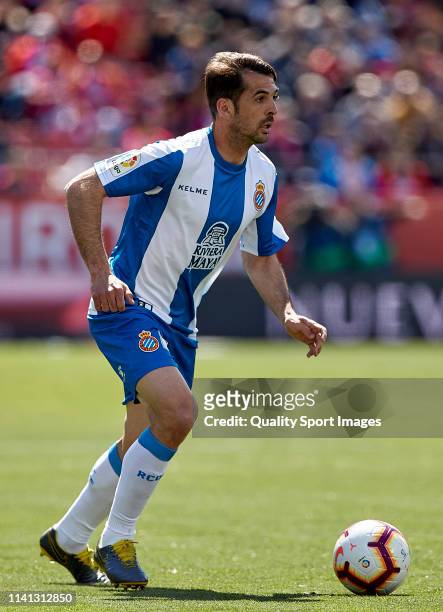 Victor Sanchez of RCD Espanyol with the ball during the La Liga match between Girona FC and RCD Espanyol at Montilivi Stadium on April 06, 2019 in...