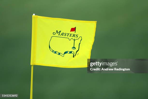 Masters pin flag blows in the wind during a practice round prior to The Masters at Augusta National Golf Club on April 08, 2019 in Augusta, Georgia.