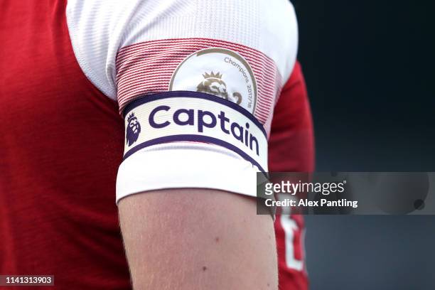 Detailed view of the captains armband during the Premier League 2 match between Arsenal and Derby County at Meadow Park on April 08, 2019 in...