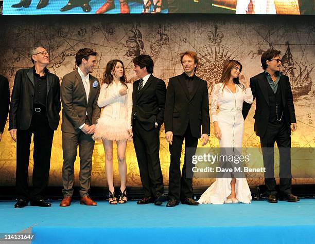 Actors Geoffrey Rush, Sam Claflin, Astrid Berges-Frisbey, director Rob Marshall, producer Jerry Bruckheimer, and actors Penelope Cruz and Johnny Depp...