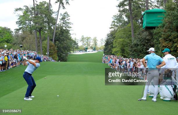 Rory McIlroy of Northern Ireland plays a shot during a practice round prior to The Masters at Augusta National Golf Club on April 08, 2019 in...