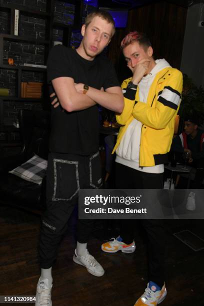 Callum Airey a.k.a. Calfreezy and Simon Minter a.k.a. Miniminter attends the launch of KSI's new album 'New Age' at Century Club on April 08, 2019 in...