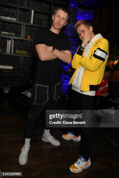 Callum Airey a.k.a. Calfreezy and Simon Minter a.k.a. Miniminter attends the launch of KSI's new album 'New Age' at Century Club on April 08, 2019 in...