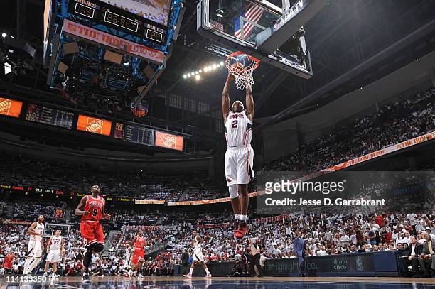 Joe Johnson of the Atlanta Hawks dunks against the Chicago Bulls during Game Six of the Eastern Conference Semifinals in the 2011 NBA Playoffs on May...