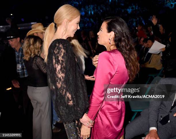 NIcole Kidman and Cassidy Black Bentley speak in the audience during the 54th Academy Of Country Music Awards at MGM Grand Garden Arena on April 07,...