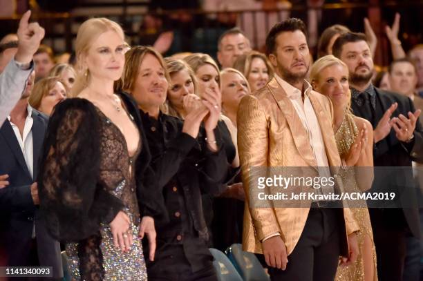Nicole Kidman, Keith Urban, Luke Bryan, and Caroline Bryan attend the 54th Academy Of Country Music Awards at MGM Grand Garden Arena on April 07,...