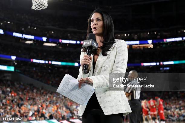 Tracy Wolfson speaks prior to the second half between the Virginia Cavaliers and the Texas Tech Red Raiders during the 2019 NCAA men's Final Four...