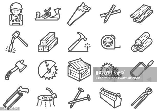 stockillustraties, clipart, cartoons en iconen met timmerman lijn iconen set - ax