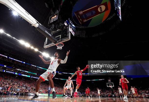 Braxton Key of the Virginia Cavaliers celebrates his dunk late in overtime against the Texas Tech Red Raiders during the 2019 NCAA men's Final Four...