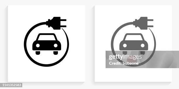 electric car black and white square icon - electric car stock illustrations