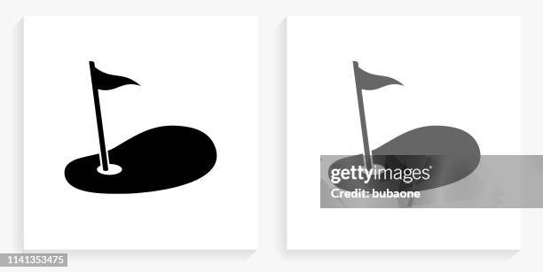 golf hole flag black and white square icon - golf hole stock illustrations
