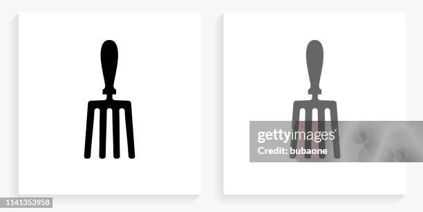 hand fork black and white square icon - hand fork white background stock illustrations