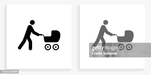 man pushing a stroller black and white square icon - pushing stroller stock illustrations