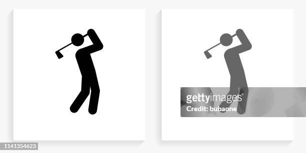 golfer swinging the golf club black and white square icon - swinging golf club stock illustrations
