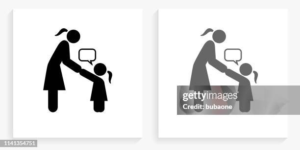 girl talking to mom black and white square icon - parenting icon stock illustrations