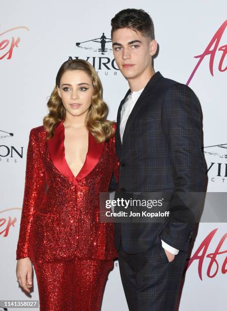 Josephine Langford and Hero Fiennes Tiffin attend the Los Angeles premiere of Aviron Pictures' "After" at The Grove on April 08, 2019 in Los Angeles,...